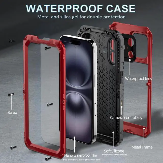 Alt view image 7 of 7 - Waterproof Case for iPhone 16 Plus, Heavy Duty Durable Metal Full Body Built-in Screen Protection Case Shockproof Dustproof Rugged Military Grade Defender for iPhone 16 Plus - Red