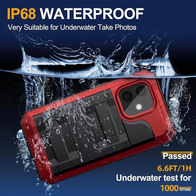 Alt view image 5 of 7 - Waterproof Case for iPhone 16 Plus, Heavy Duty Durable Metal Full Body Built-in Screen Protection Case Shockproof Dustproof Rugged Military Grade Defender for iPhone 16 Plus - Red