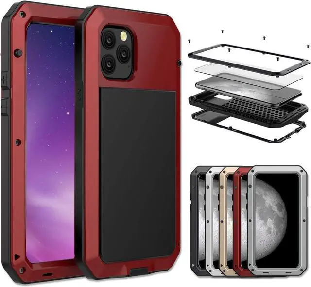 Alt view image 2 of 7 - for iPhone 11 Pro Max Case,Full Body Protective Cover Heavy Duty Shockproof Tough Armour Aluminum Alloy Metal Case with Silicone Built-in Screen Protector for iPhone 11 Pro Max - red