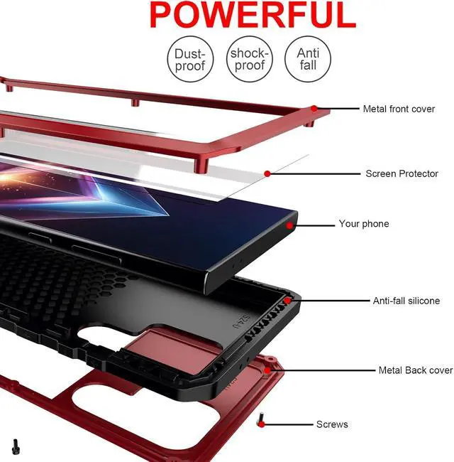 Alt view image 6 of 7 - for Galaxy S24 Ultra Case 6.8",Full Body Protective Cover Heavy Duty Shockproof Tough Armour Aluminum Alloy Metal Case with Silicone Built-in Screen Protector for SAM-UNG - Red