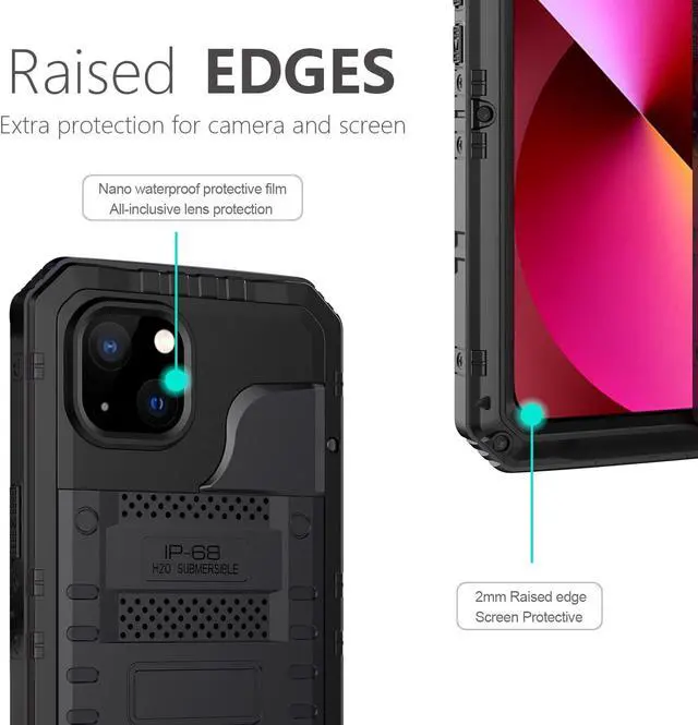 Alt view image 5 of 7 - Waterproof Case for iPhone 14, Heavy Duty Durable Metal Full Body Built-in Screen Protection Case Shockproof Dustproof Rugged Military Grade Defender for iPhone 14 - Black