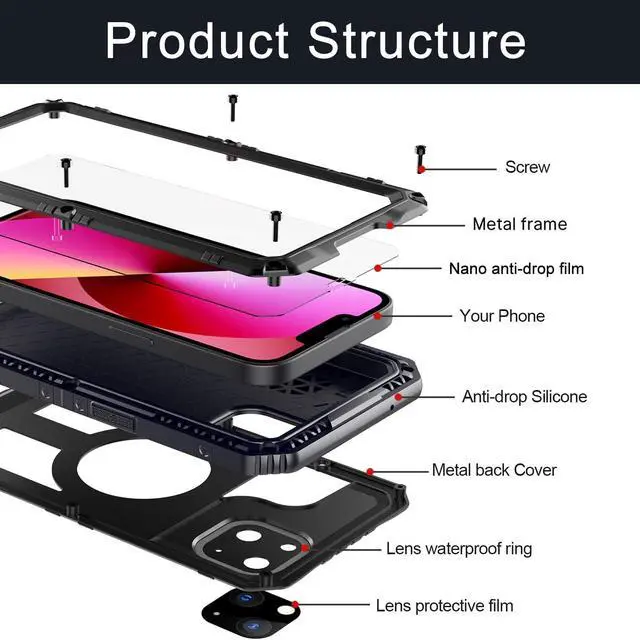 Alt view image 4 of 7 - Waterproof Case for iPhone 14, Heavy Duty Durable Metal Full Body Built-in Screen Protection Case Shockproof Dustproof Rugged Military Grade Defender for iPhone 14 - Black