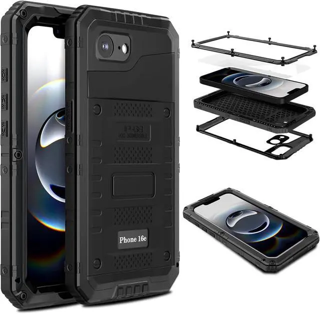 Alt view image 2 of 7 - for iPhone 16E Waterproof Case, Heavy Duty Metal Durable Full Body Built-in Screen Protection Case Shockproof Dustproof Rugged Military Grade Defender - Black