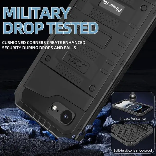 Alt view image 5 of 7 - for iPhone 16E Waterproof Case, Heavy Duty Metal Durable Full Body Built-in Screen Protection Case Shockproof Dustproof Rugged Military Grade Defender - Black