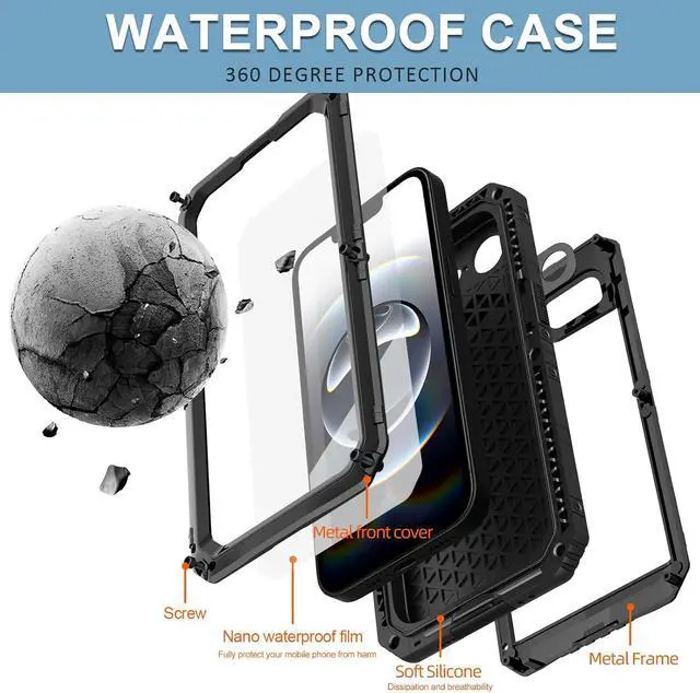 Alt view image 6 of 7 - for iPhone 16E Waterproof Case, Heavy Duty Metal Durable Full Body Built-in Screen Protection Case Shockproof Dustproof Rugged Military Grade Defender - Black