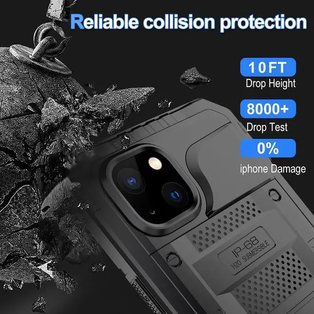 Alt view image 5 of 7 - Waterproof Case for iPhone 15 Pro, Heavy Duty Durable Metal Full Body Built-in Screen Protection Case Shockproof Dustproof Rugged Military Grade Defender for iPhone 15 Pro - Black