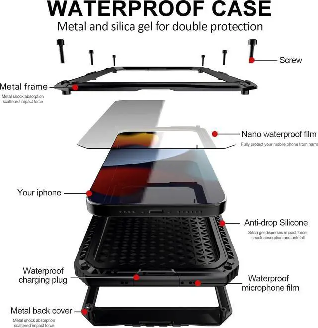 Alt view image 6 of 7 - Waterproof Case for iPhone 15 Pro, Heavy Duty Durable Metal Full Body Built-in Screen Protection Case Shockproof Dustproof Rugged Military Grade Defender for iPhone 15 Pro - Black