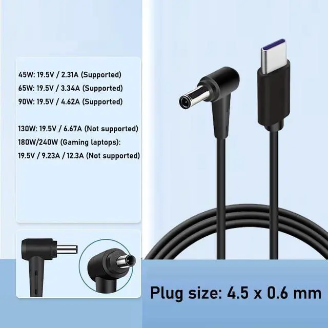Alt view image 2 of 6 - 100W PD Power Charger Tip USB C to Slim Laptop Charging Cable Adapter Converter for D-ELL Laptop 18-20V (Dedicated for D-ELL (for 45W/65W/90W Power), 4.5 * 0.6mm Small Head)