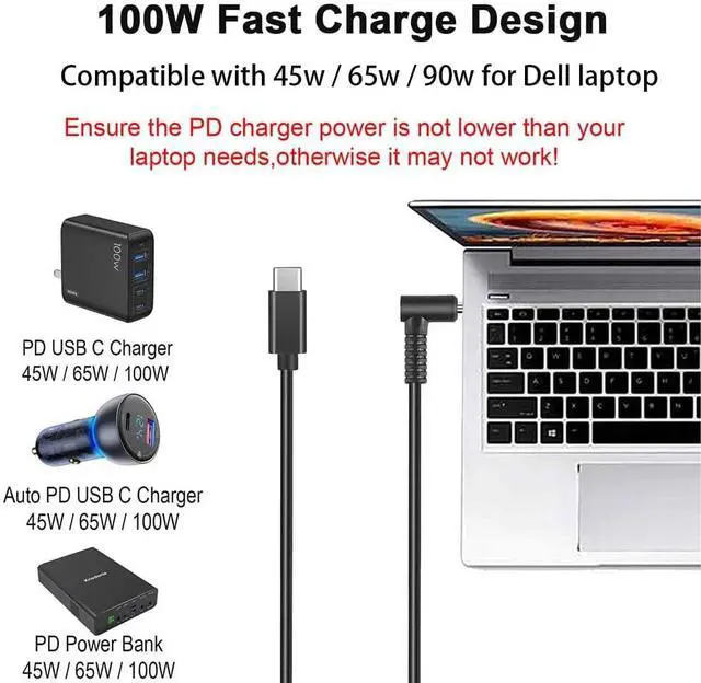 Alt view image 6 of 6 - 100W PD Power Charger Tip USB C to Slim Laptop Charging Cable Adapter Converter for D-ELL Laptop 18-20V (Dedicated for D-ELL (for 45W/65W/90W Power), 4.5 * 0.6mm Small Head)