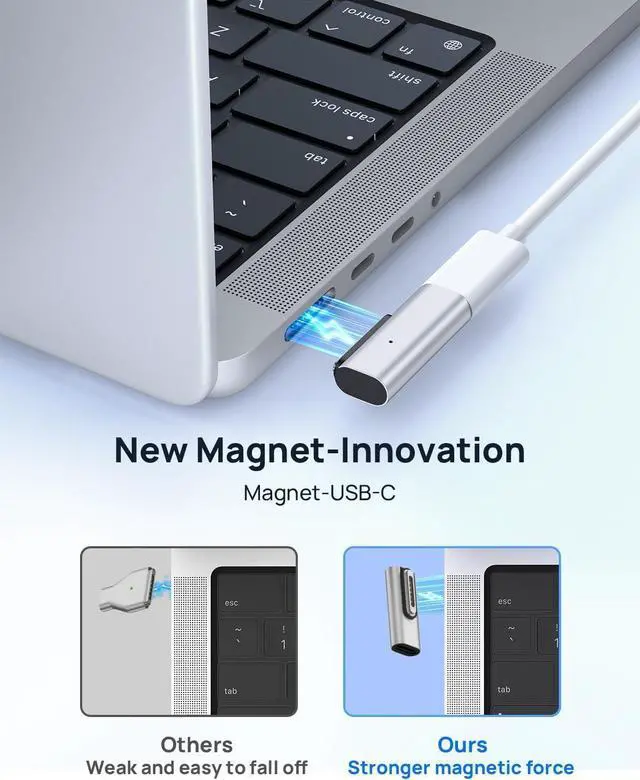 Alt view image 6 of 7 - 140W PD Quick Charge USB C to Magnetic 3 Adapter, Type-C to Mags 3 Converter with LED Indicator Light for MacBook Pro 2024/2023/2021 (M1/M2/M3, 14/16"), MacBook Air (M2/M3), Silver