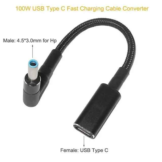 Alt view image 2 of 7 - USB C to Slim Laptop Charging Cable Adapter Female Type C to DC Converter 0.8ft 100W PD Power Charger Supply Cord for Stream 11 13 14 15 Pavilion Spectre Chromebook H-P (4.5 x 3.0mm for H-P)
