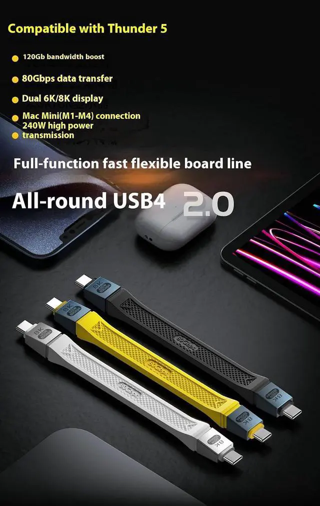 Alt view image 2 of 7 - Thunderbolt 5 (USB-C) Cable Short 5 inch, 240W PD Fast Charging
