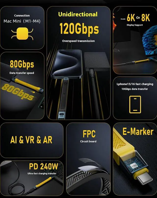 Alt view image 3 of 7 - Thunderbolt 5 (USB-C) Cable Short 5 inch, 240W PD Fast Charging