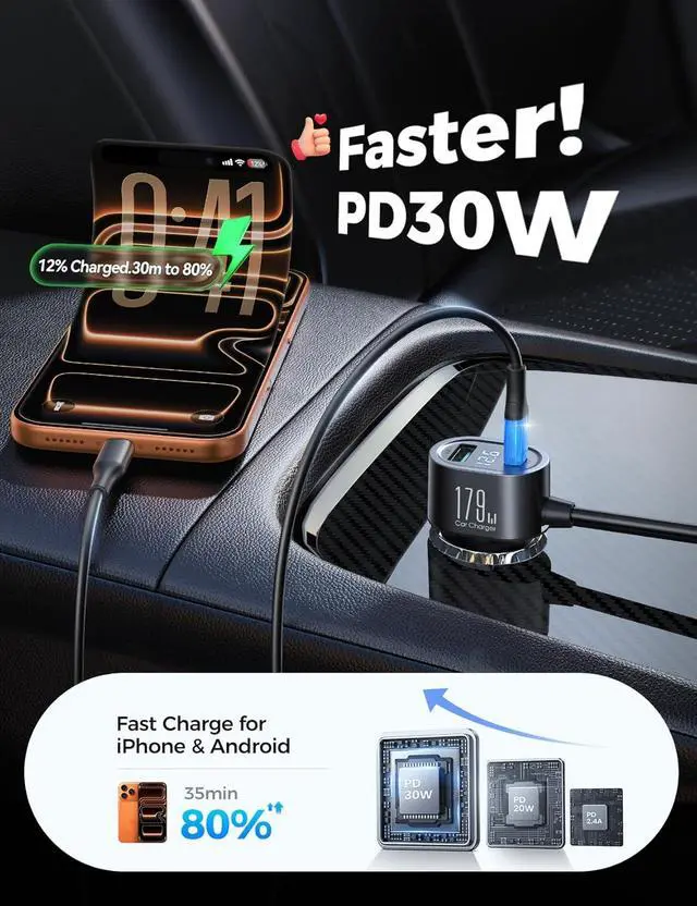 Alt view image 4 of 7 - 179W 7 in 1 Cigarette Lighter Splitter, PD30W Fast Charging Adapter for Car
