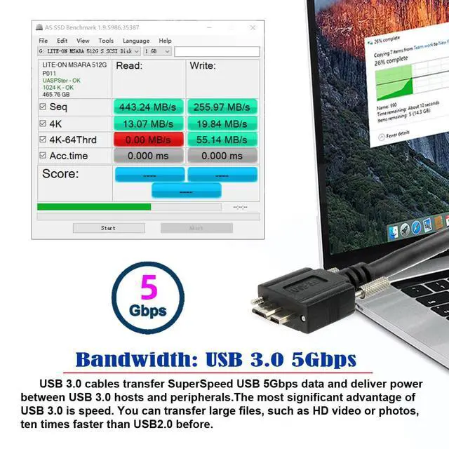 Alt view image 7 of 7 - Vision Cable Micro USB3.0 Type-B Dual Screw Locking Panel to Type-A USB3.0 Data 5Gbps Power Cord High Speed Compatible with VR Industrial Camera Computer (1.2m)