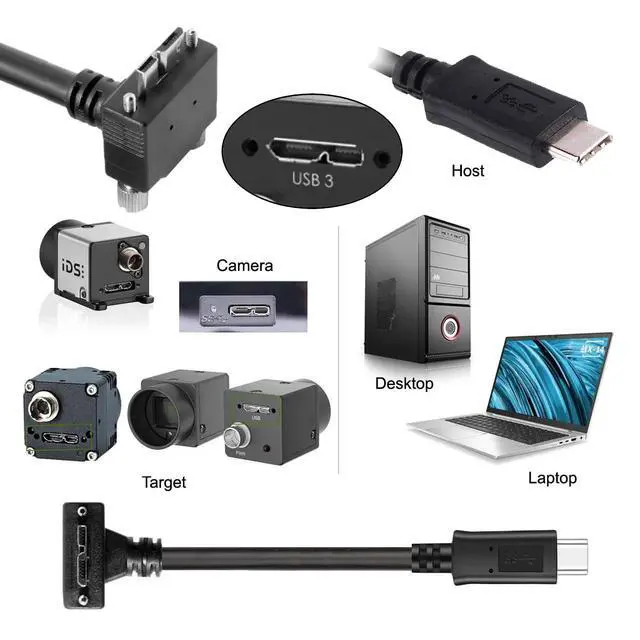Alt view image 2 of 7 - Vision Cable Micro USB3.0 Dual Screws Locking to Type-C USB3.1 Data 10Gbps Power Cord 90 Degree Up Angled Type Compatible with VR Industrial Camera Computer (1.0M)