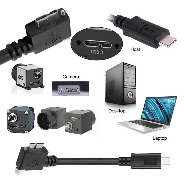 Alt view image 2 of 7 - Vision Cable Micro USB3.0 Single Screw Locking to Type-C USB3.1 Data 10Gbps Power Cord 90 Degree Left Angled Type Compatible with VR Industrial Camera Computer (1.0M)