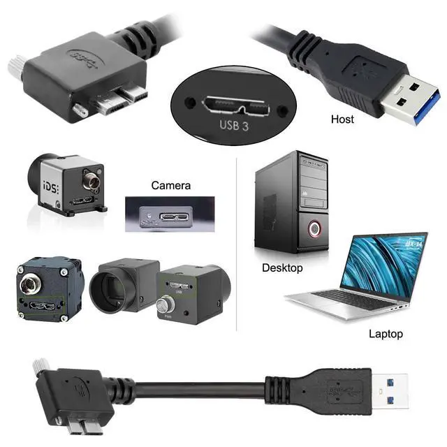 Alt view image 7 of 7 - Vision Cable Micro USB3.0 Single Screw Locking to Type-A USB3.0 Data 5Gbps Power Cord 90 Degree Right Angled Type Compatible with VR Industrial Camera Computer (3.0m)