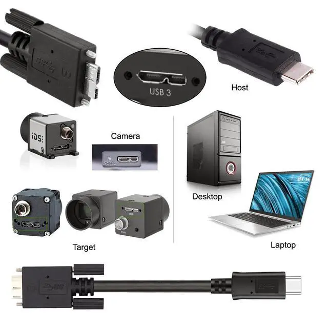 Alt view image 3 of 7 - Vision Cable Micro USB3.0 Type-B Dual Screw Locking Panel to Type-C USB3.1 Data 10Gbps Power Cord High Speed Compatible with VR Industrial Camera Computer (1.0M)