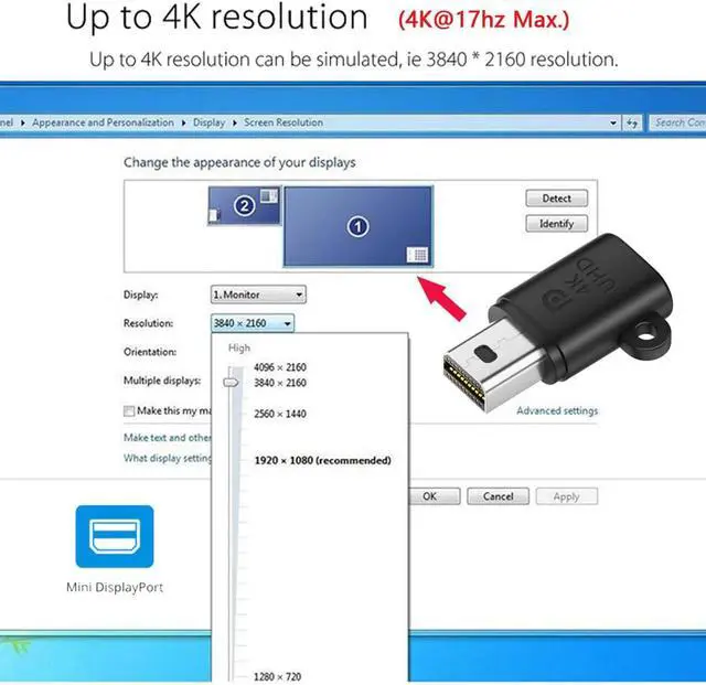 Alt view image 5 of 7 - Mini-DP Virtual Display Adapter Mini Displayport Dummy Plug Headless Ghost Emulator Black Compatible with Remote Desktop Laptop Server NAS (4K@17hz)