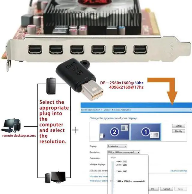 Alt view image 7 of 7 - Mini-DP Virtual Display Adapter Mini Displayport Dummy Plug Headless Ghost Emulator Black Compatible with Remote Desktop Laptop Server NAS (4K@17hz)