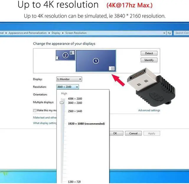 Alt view image 4 of 7 - DP Virtual Display Adapter Displayport Dummy Plug Headless Ghost Emulator Black Compatible with Remote Desktop Laptop Server NAS (4K@17hz)
