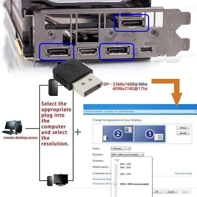 Alt view image 6 of 7 - DP Virtual Display Adapter Displayport Dummy Plug Headless Ghost Emulator Black Compatible with Remote Desktop Laptop Server NAS (4K@17hz)