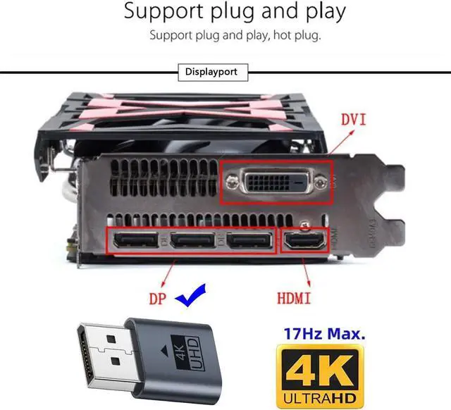 Alt view image 3 of 7 - DP Virtual Display Adapter Displayport Dummy Plug Headless Ghost Emulator with LED Light Blue Compatible with Remote Desktop Laptop Server NAS (4K@17hz)