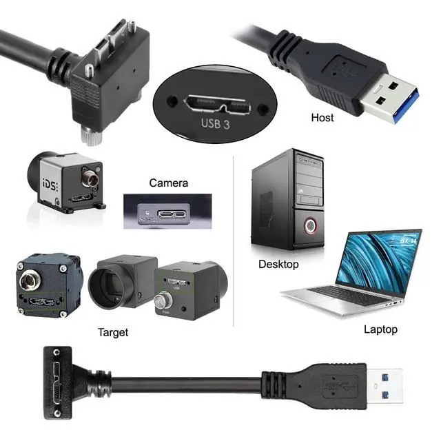 Alt view image 3 of 7 - Vision Cable Micro USB3.0 Dual Screws Locking to Type-A USB3.0 Data 5Gbps Power Cord 90 Degree Up Angled Type Compatible with VR Industrial Camera Computer (1.2m)