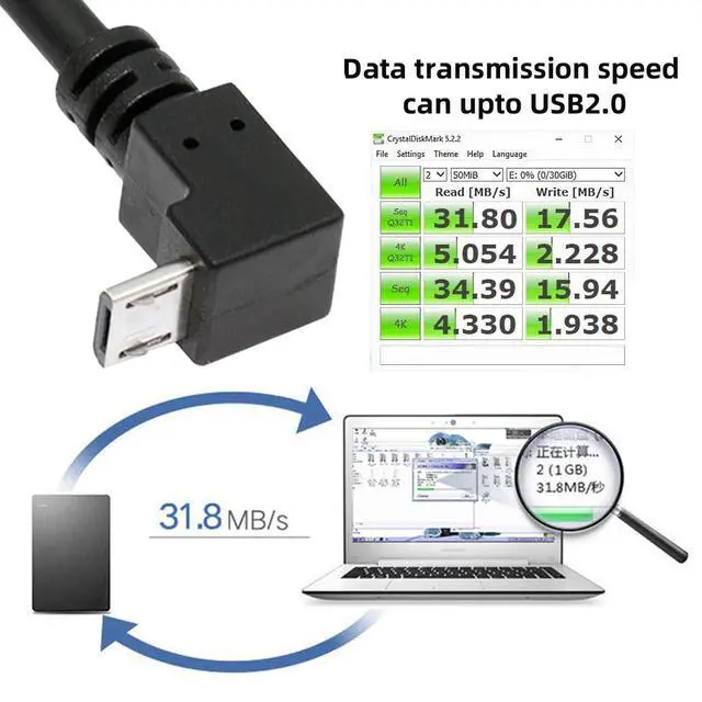Alt view image 4 of 7 - Down Angle 90 Degree Micro USB 5Pin to USB 2.0 Type-A Data 480Mbps Charge Cable Compatible with Computer Phone Tablet Camera (0.3ft/10cm)