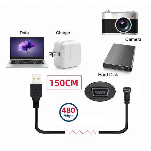 Alt view image 2 of 7 - Mini USB2.0 5Pin Type-B Male 90 Degree Down Angle to USB 2.0 Type-A Male Power Data Cable 480Mbps Compatible with Computer Camera Laptop Desktop (Down Angle 5ft/1.5m)