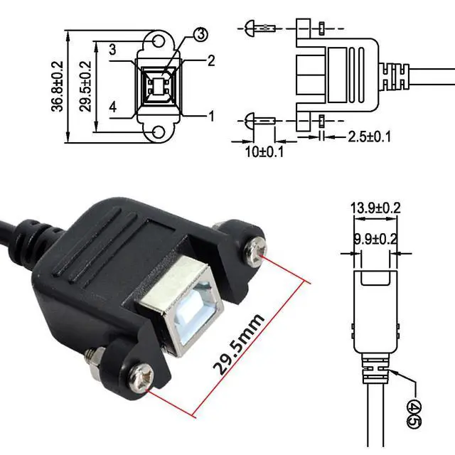 Alt view image 2 of 7 - Right Angled USB 2.0 Type-B Male 90 Degree to Type-B USB Female Panel Mount Screw Connector Compatible withDisk Printer Scanner Cable 50cm