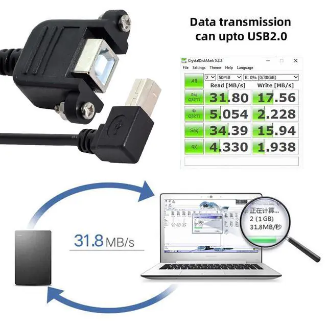 Alt view image 4 of 7 - Right Angled USB 2.0 Type-B Male 90 Degree to Type-B USB Female Panel Mount Screw Connector Compatible withDisk Printer Scanner Cable 50cm