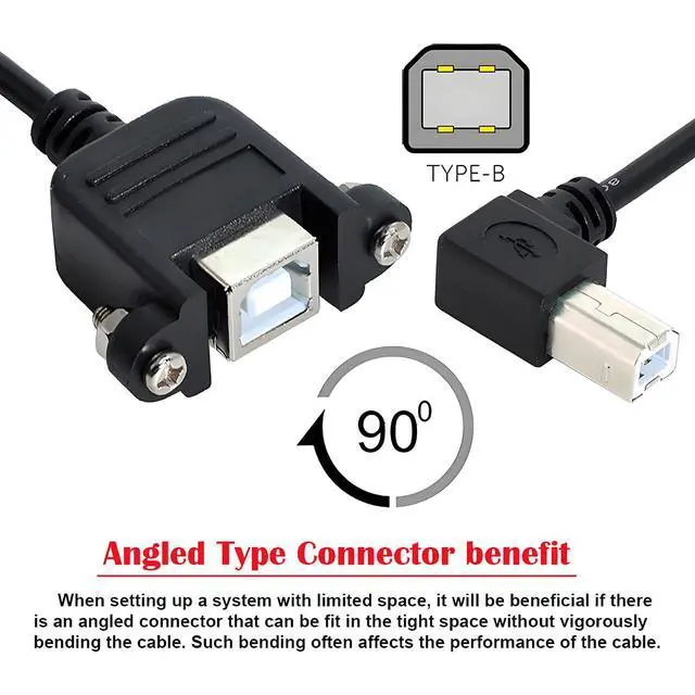Alt view image 6 of 7 - Right Angled USB 2.0 Type-B Male 90 Degree to Type-B USB Female Panel Mount Screw Connector Compatible withDisk Printer Scanner Cable 50cm