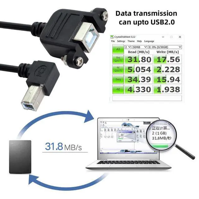 Alt view image 4 of 7 - Left Angled USB 2.0 Type-B Male 90 Degree to Type-B USB Female Panel Mount Screw Connector Compatible withDisk Printer Scanner Cable 50cm