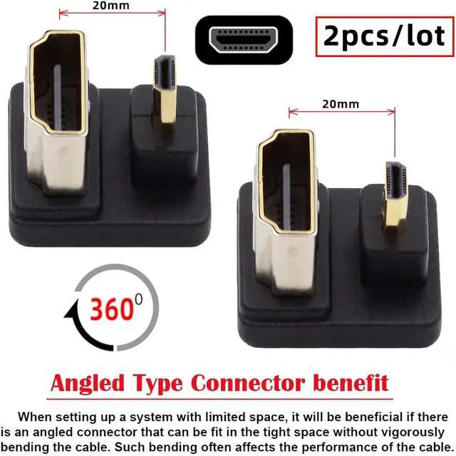 Alt view image 2 of 7 - 2PCS/Lot Up & Down Angled Micro HDMI 1.4 Male Type-D to HDMI Type-A Female Port Saver 360 Degree Opposite U Shape Back Angled Extension Adapter (Pitch=11mm)