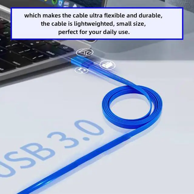Alt view image 2 of 7 - Slim USB 3.0 Type-A Male to USB-C Type-C Male Cable Ultra Flat Data Blue 10Gbps Compatible with Laptop Computer Disk SSD Camera (30cm)