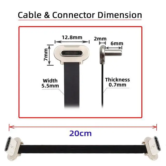Alt view image 4 of 7 - 90 Degree Dual Angled Ultra Slim Flat USB-C Type C to USB-C Power USB2.0 Data Cable 65W Fast Charge Compatible with Laptop Tablet Phone (200mm)