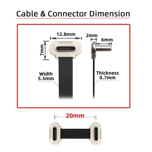 Alt view image 3 of 7 - 90 Degree Dual Angled Ultra Slim Flat USB-C Type C to USB-C Power USB2.0 Data Cable 65W Fast Charge Compatible with Laptop Tablet Phone (20mm)