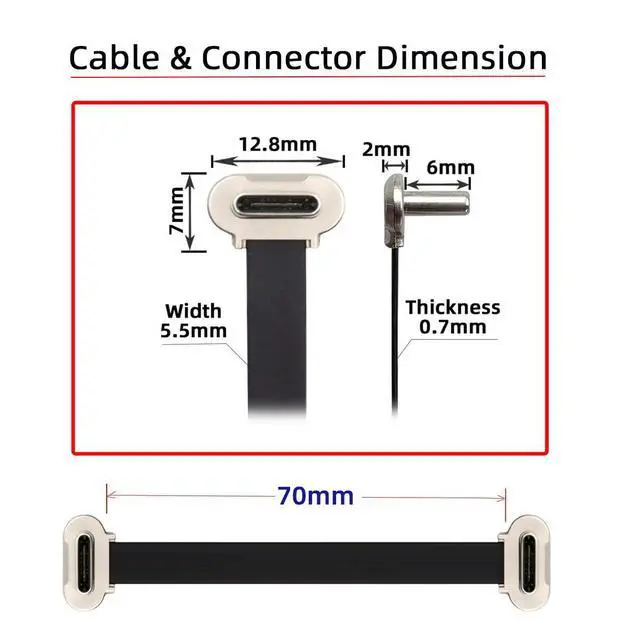Alt view image 2 of 7 - 90 Degree Dual Angled Ultra Slim Flat USB-C Type C to USB-C Power USB2.0 Data Cable 65W Fast Charge Compatible with Laptop Tablet Phone (70mm)