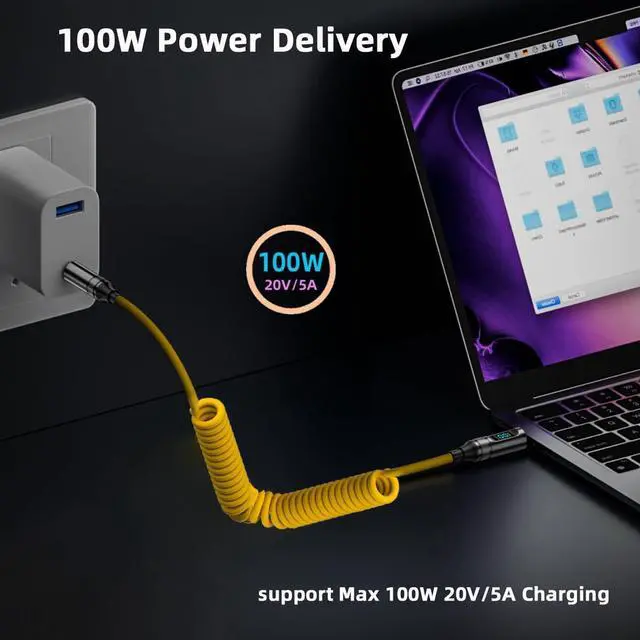 Alt view image 4 of 7 - Smart LED Display USB-C USB4 Stretch Coiled Cable 20Gbps Data 100W Power 8K Video Compatible with Laptop Disk PhoneType-C Male to Male Cable (1.8m)