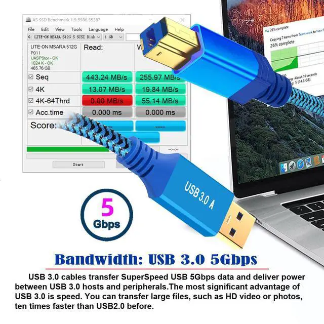 Alt view image 6 of 7 - USB 3.0 Type-A Male to USB3.0 Type-B Male Cable Extension Blue Sleeve Braid Compatible withDisk SSD Camera Data Laptop Desktop 5Gbps (30cm)