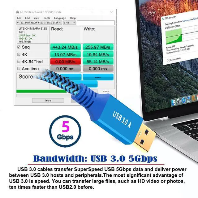 Alt view image 5 of 7 - USB 3.0 Type-A Male to USB3.0 Type-A Female Cable Extension Blue Sleeve Braid Compatible withDisk SSD Camera Data Laptop Desktop 5Gbps (100cm)