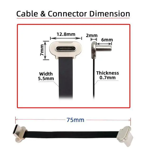 Alt view image 4 of 7 - 90 Degree Dual Angled USB-C Type C to USB-C Ultra Slim Flat Power USB2.0 Data Cable 65W Fast Charge Compatible with Laptop Tablet Phone (70mm)