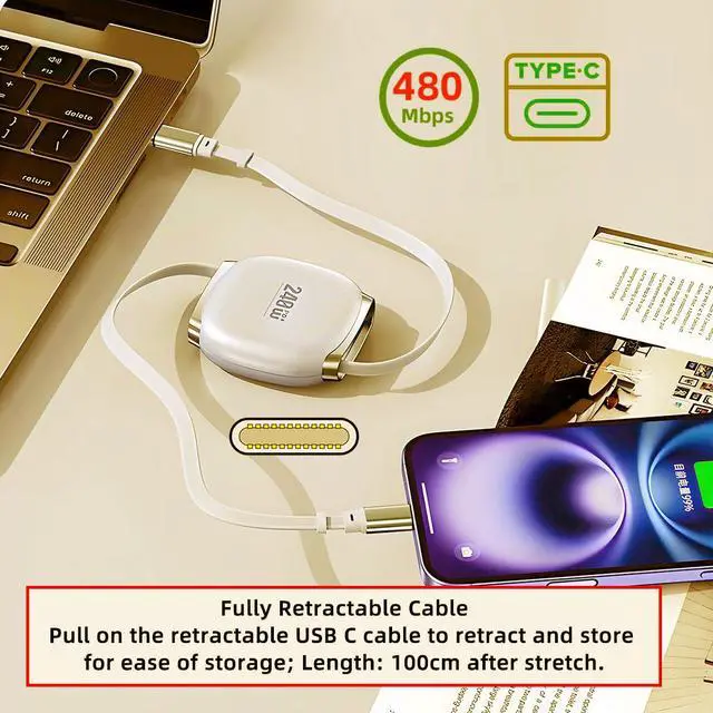 Alt view image 3 of 7 - Retractable Stretch Coiled USB-C Type-C Cable Male to Male 480Mbps USB2.0 Version240W Compatible with Laptop Phone Tablet Type-C Male to Male Cable Power & Data (Yellow 100cm)