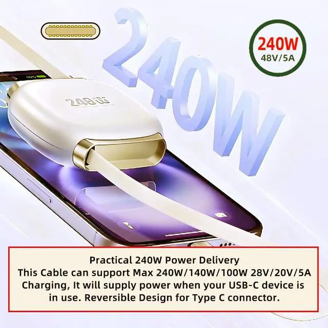Alt view image 7 of 7 - Retractable Stretch Coiled USB-C Type-C Cable Male to Male 480Mbps USB2.0 Version240W Compatible with Laptop Phone Tablet Type-C Male to Male Cable Power & Data (Yellow 100cm)