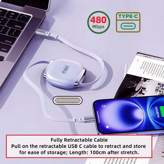 Alt view image 3 of 7 - Retractable Stretch Coiled USB-C Type-C Cable Male to Male 480Mbps USB2.0 Version240W Compatible with Laptop Phone Tablet Type-C Male to Male Cable Power & Data (Purple 100cm)