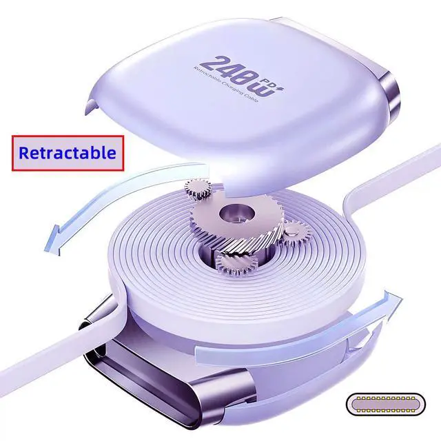 Alt view image 6 of 7 - Retractable Stretch Coiled USB-C Type-C Cable Male to Male 480Mbps USB2.0 Version240W Compatible with Laptop Phone Tablet Type-C Male to Male Cable Power & Data (Purple 100cm)