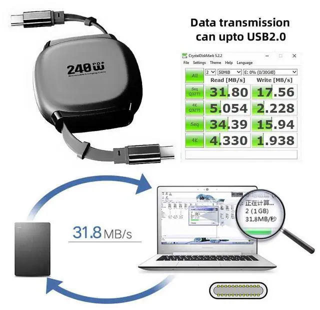 Alt view image 2 of 7 - Retractable Stretch Coiled USB-C Type-C Cable Male to Male 480Mbps USB2.0 Version240W Compatible with Laptop Phone Tablet Type-C Male to Male Cable Power & Data (Black 100cm)