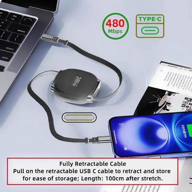 Alt view image 4 of 7 - Retractable Stretch Coiled USB-C Type-C Cable Male to Male 480Mbps USB2.0 Version240W Compatible with Laptop Phone Tablet Type-C Male to Male Cable Power & Data (Black 100cm)